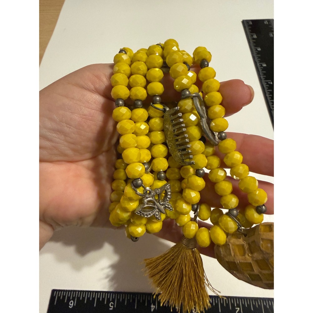 Yellow Beaded Stretch‎ Bracelet Set 6pc Butterfly Heart Tassel Charms Boho Stack